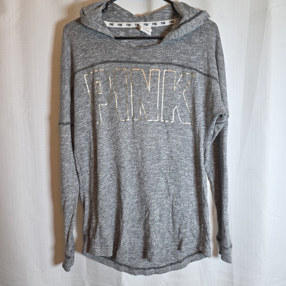 Victoria Secret PINK Hoodie S OPEN BACK Lightweight SILVER FOIL PULLOVER Gray